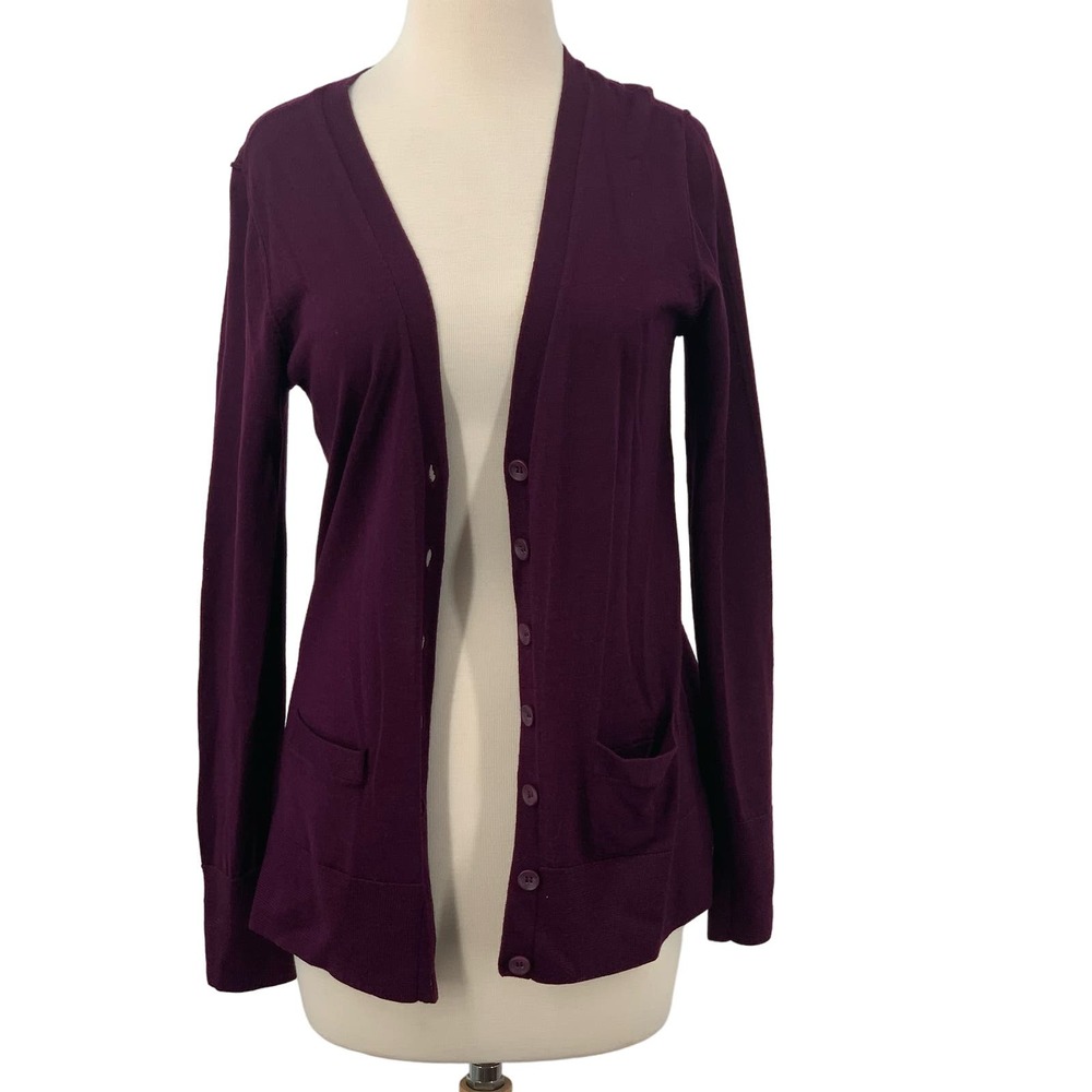 Halogen Womens LS Button Front V-Neck Merino Wool Cardigan/Sweater Purple M